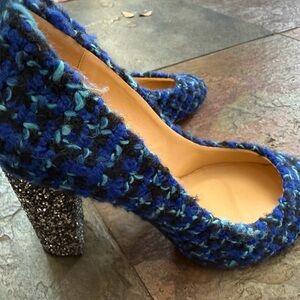 J Crew Blue Tweed Women's Heels with Silver Glitter Heel Sz 8